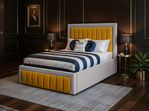 Oxford Vertical Channel Duo Fabric Bed Set with Floor Standing Headboard, Footboard & Storage Upgrade Option