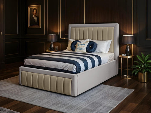 Oxford Vertical Channel Duo Fabric Bed Set with Floor Standing Headboard, Footboard & Storage Upgrade Option