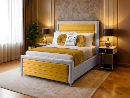 Paris Horizontal Channel Two Colour Fabric Bed Set with Floor Standing Headboard, Footboard & Storage Upgrade Option