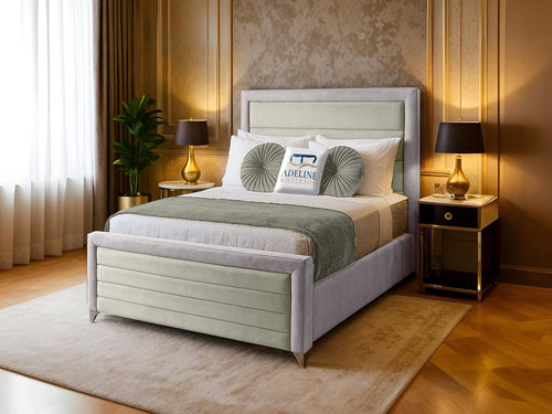 Paris Horizontal Channel Two Colour Fabric Bed Set with Floor Standing Headboard, Footboard & Storage Upgrade Option