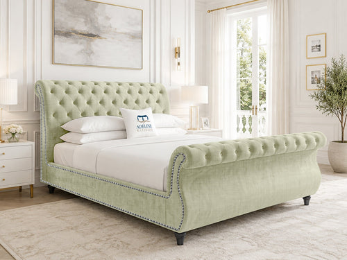 Pemberton Sleigh Upholstered Bed Set with Floor Standing Headboard, Footboard & Storage Upgrade Option