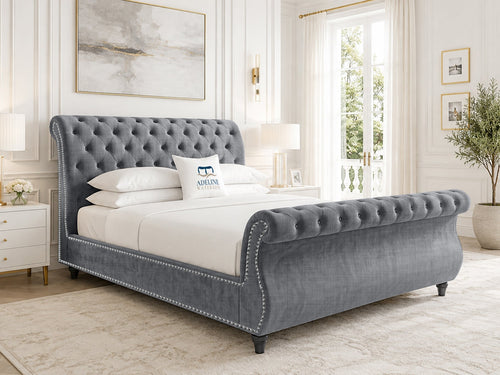 Pemberton Sleigh Upholstered Bed Set with Floor Standing Headboard, Footboard & Storage Upgrade Option