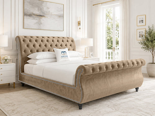 Pemberton Sleigh Upholstered Bed Set with Floor Standing Headboard, Footboard & Storage Upgrade Option
