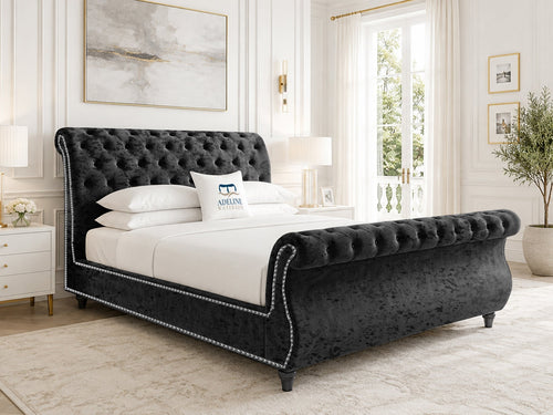 Pemberton Sleigh Upholstered Bed Set with Floor Standing Headboard, Footboard & Storage Upgrade Option