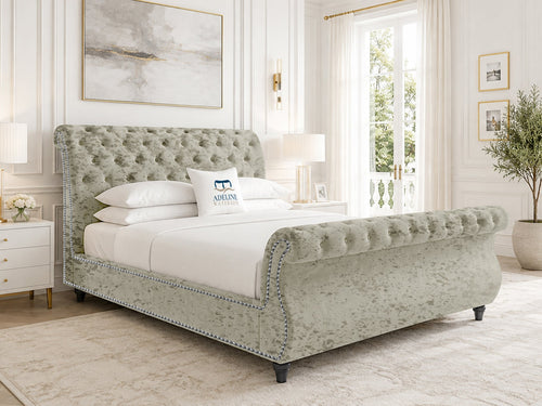 Pemberton Sleigh Upholstered Bed Set with Floor Standing Headboard, Footboard & Storage Upgrade Option