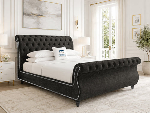 Pemberton Sleigh Upholstered Bed Set with Floor Standing Headboard, Footboard & Storage Upgrade Option