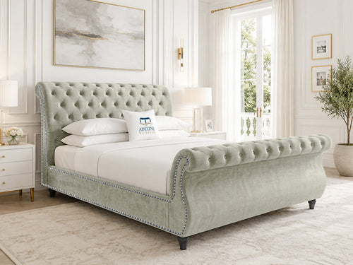Pemberton Sleigh Upholstered Bed Set with Floor Standing Headboard, Footboard & Storage Upgrade Option