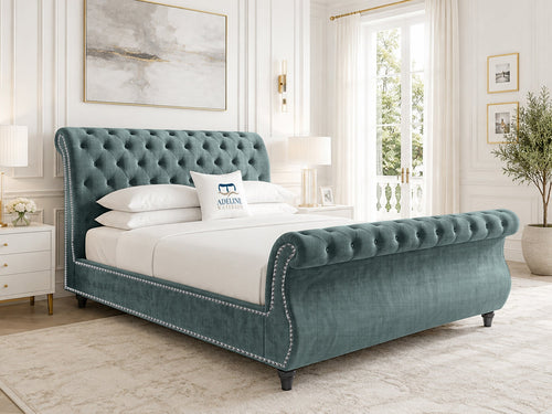 Pemberton Sleigh Upholstered Bed Set with Floor Standing Headboard, Footboard & Storage Upgrade Option