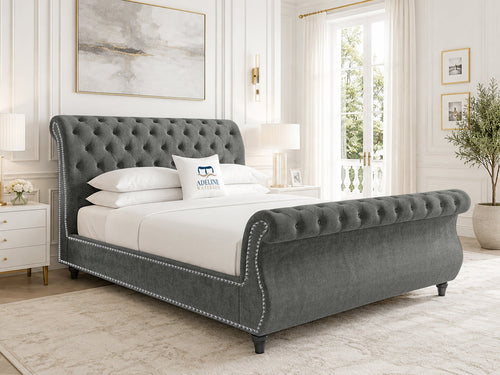 Pemberton Sleigh Upholstered Bed Set with Floor Standing Headboard, Footboard & Storage Upgrade Option