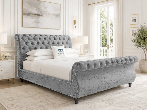 Pemberton Sleigh Upholstered Bed Set with Floor Standing Headboard, Footboard & Storage Upgrade Option