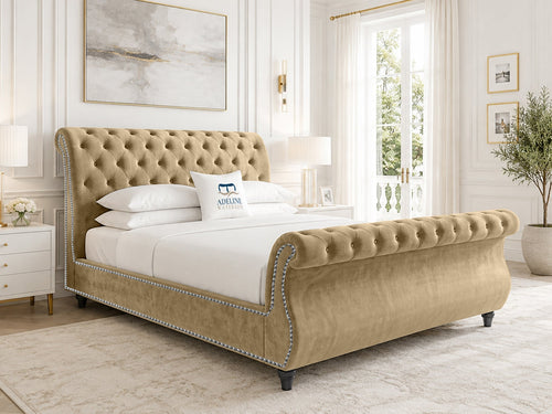 Pemberton Sleigh Upholstered Bed Set with Floor Standing Headboard, Footboard & Storage Upgrade Option