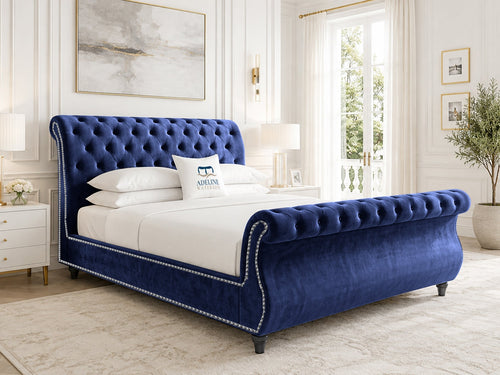 Pemberton Sleigh Upholstered Bed Set with Floor Standing Headboard, Footboard & Storage Upgrade Option