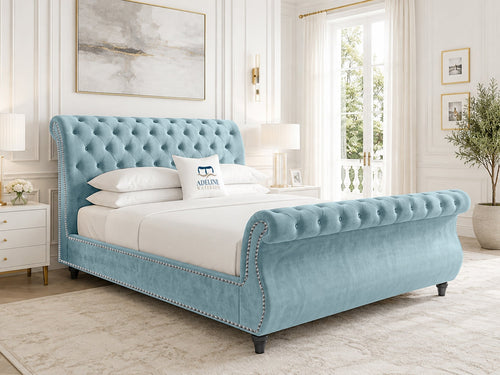 Pemberton Sleigh Upholstered Bed Set with Floor Standing Headboard, Footboard & Storage Upgrade Option