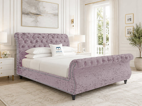 Pemberton Sleigh Upholstered Bed Set with Floor Standing Headboard, Footboard & Storage Upgrade Option