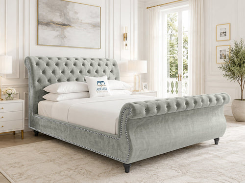 Pemberton Sleigh Upholstered Bed Set with Floor Standing Headboard, Footboard & Storage Upgrade Option