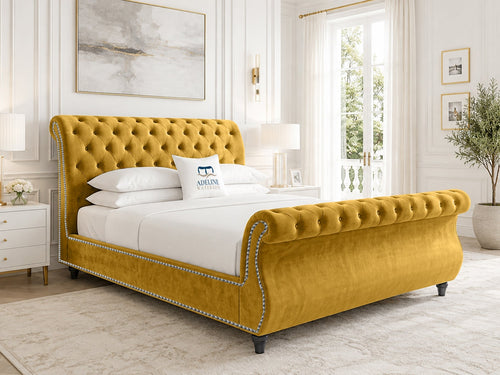 Pemberton Sleigh Upholstered Bed Set with Floor Standing Headboard, Footboard & Storage Upgrade Option