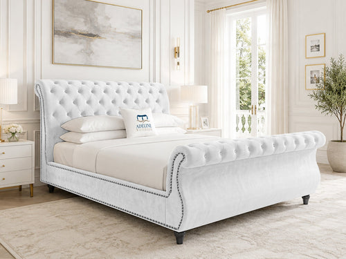Pemberton Sleigh Upholstered Bed Set with Floor Standing Headboard, Footboard & Storage Upgrade Option