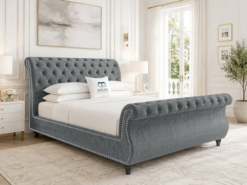 Pemberton Sleigh Upholstered Bed Set with Floor Standing Headboard, Footboard & Storage Upgrade Option