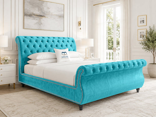 Pemberton Sleigh Upholstered Bed Set with Floor Standing Headboard, Footboard & Storage Upgrade Option