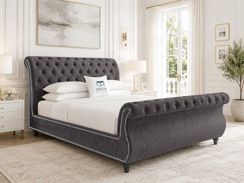 Pemberton Sleigh Upholstered Bed Set with Floor Standing Headboard, Footboard & Storage Upgrade Option