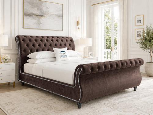 Pemberton Sleigh Upholstered Bed Set with Floor Standing Headboard, Footboard & Storage Upgrade Option