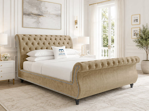 Pemberton Sleigh Upholstered Bed Set with Floor Standing Headboard, Footboard & Storage Upgrade Option