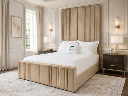 Pinnacle Grand Upholstered Bed Set with Floor Standing Headboard, Footboard & Storage Upgrade Option