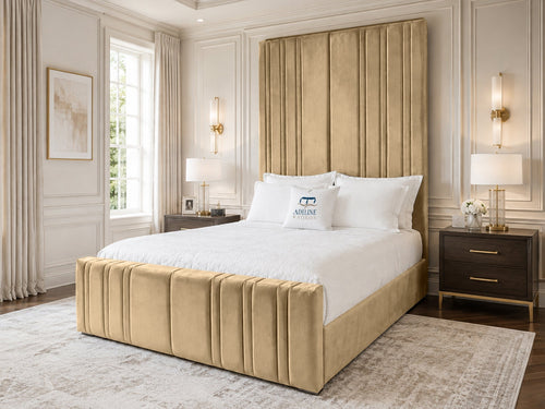 Pinnacle Grand Upholstered Bed Set with Floor Standing Headboard, Footboard & Storage Upgrade Option