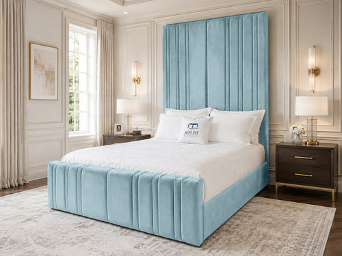 Pinnacle Grand Upholstered Bed Set with Floor Standing Headboard, Footboard & Storage Upgrade Option