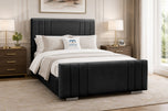 Black Plush Velvet - Raymond Vertical Channel Wingback Upholstered Bed Set with Floor Standing Headboard, Footboard & Storage Upgrade Option