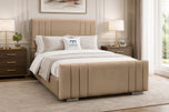 Beige Plush Velvet - Raymond Vertical Channel Wingback Upholstered Bed Set with Floor Standing Headboard, Footboard & Storage Upgrade Option