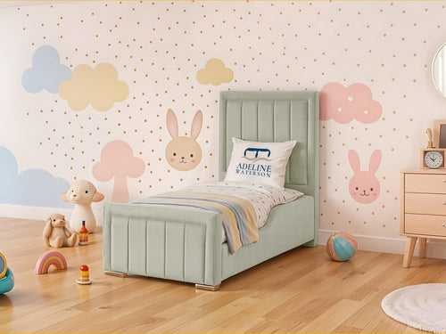 Rosie Vertical Channel Kids Upholstered Bed Set with Floor Standing Headboard & Footboard