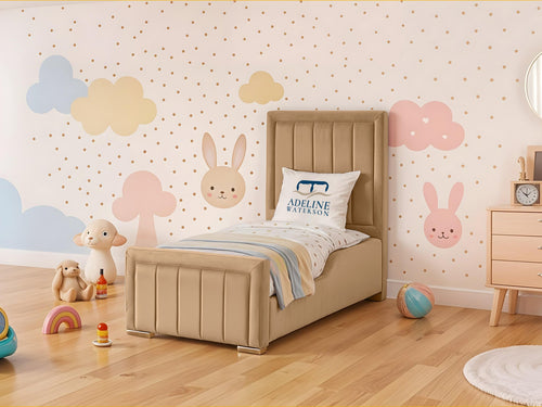 Rosie Vertical Channel Kids Upholstered Bed Set with Floor Standing Headboard & Footboard