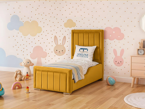 Rosie Vertical Channel Kids Upholstered Bed Set with Floor Standing Headboard & Footboard