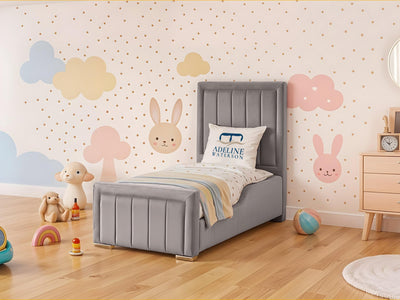 Rosie Vertical Channel Kids Upholstered Bed Set with Floor Standing Headboard & Footboard