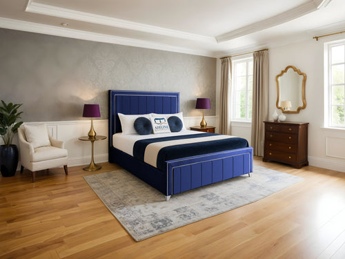 Hamilton Vertical Channel Upholstered Bed Set with Floor Standing Headboard, Footboard & Storage Upgrade Option