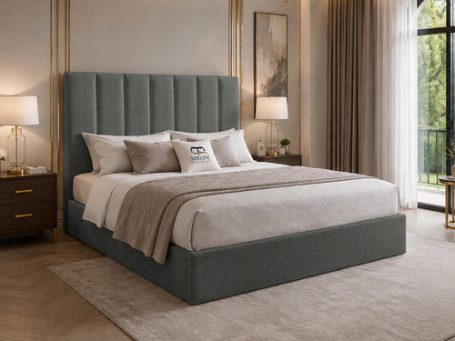 Sarah Vertical Channel Wingback Upholstered Bed Set with Floor Standing Headboard, Footboard & Storage Upgrade Option