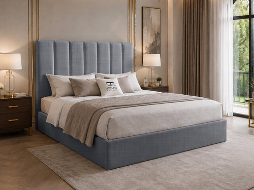 Sarah Vertical Channel Wingback Upholstered Bed Set with Floor Standing Headboard, Footboard & Storage Upgrade Option