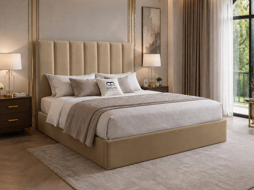 Sarah Vertical Channel Wingback Upholstered Bed Set with Floor Standing Headboard, Footboard & Storage Upgrade Option