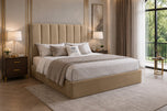 Beige Plush Velvet - Sarah Vertical Channel Wingback Upholstered Bed Set with Floor Standing Headboard, Footboard & Storage Upgrade Option