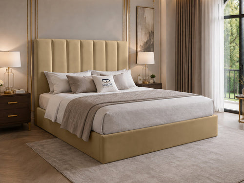 Sarah Vertical Channel Wingback Upholstered Bed Set with Floor Standing Headboard, Footboard & Storage Upgrade Option