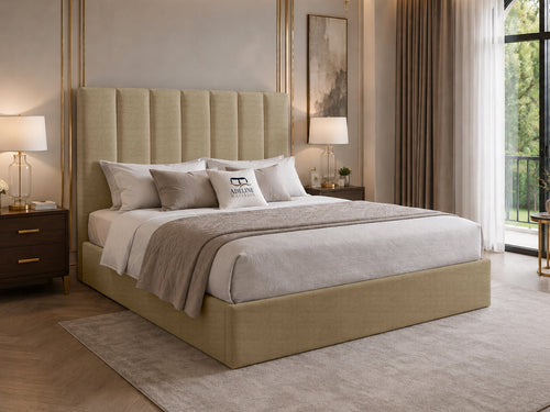 Sarah Vertical Channel Wingback Upholstered Bed Set with Floor Standing Headboard, Footboard & Storage Upgrade Option