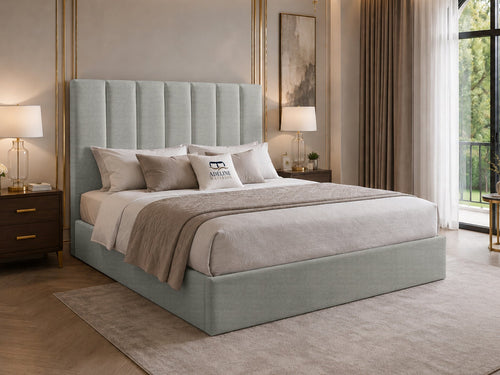 Sarah Vertical Channel Wingback Upholstered Bed Set with Floor Standing Headboard, Footboard & Storage Upgrade Option