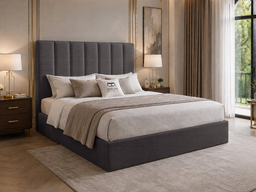 Sarah Vertical Channel Wingback Upholstered Bed Set with Floor Standing Headboard, Footboard & Storage Upgrade Option