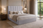 Silver Plush Velvet - Sarah Vertical Channel Wingback Upholstered Bed Set with Floor Standing Headboard, Footboard & Storage Upgrade Option