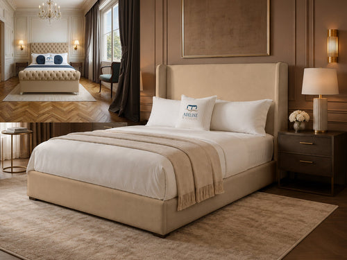 Serenity Wing Plain Upholstered Bed Set with Floor Standing Headboard, Footboard & Storage Upgrade Option