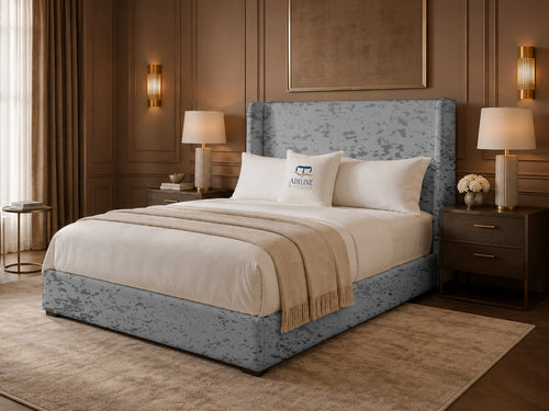 Serenity Wing Plain Upholstered Bed Set with Floor Standing Headboard, Footboard & Storage Upgrade Option
