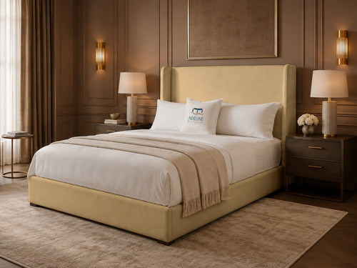 Serenity Wing Plain Upholstered Bed Set with Floor Standing Headboard, Footboard & Storage Upgrade Option