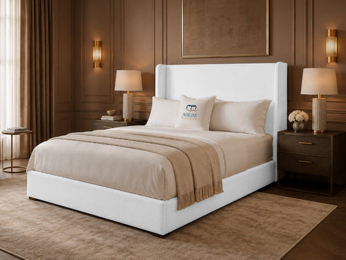 Serenity Wing Plain Upholstered Bed Set with Floor Standing Headboard, Footboard & Storage Upgrade Option