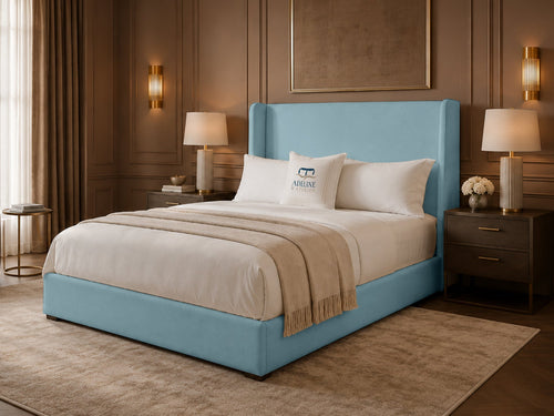 Serenity Wing Plain Upholstered Bed Set with Floor Standing Headboard, Footboard & Storage Upgrade Option